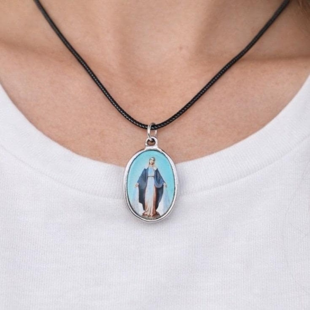 Vintage Madonna Pendant Necklace Blue Enamel Oval Cross Back